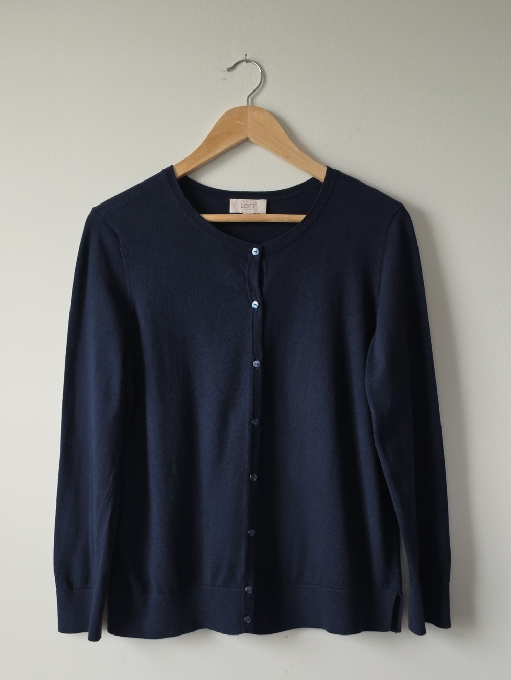 LOFT Navy Button-Front Crewneck Cardigan